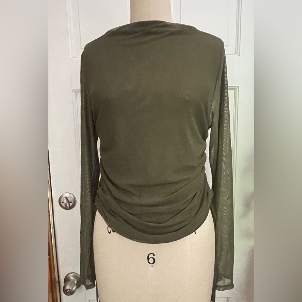 Olive Long Sleeve Sheer Ruched Mesh Boat Neck Blouse